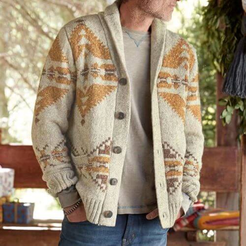 Men's Jacquard Lapel Button Up Knitwear Cardigan Jacket